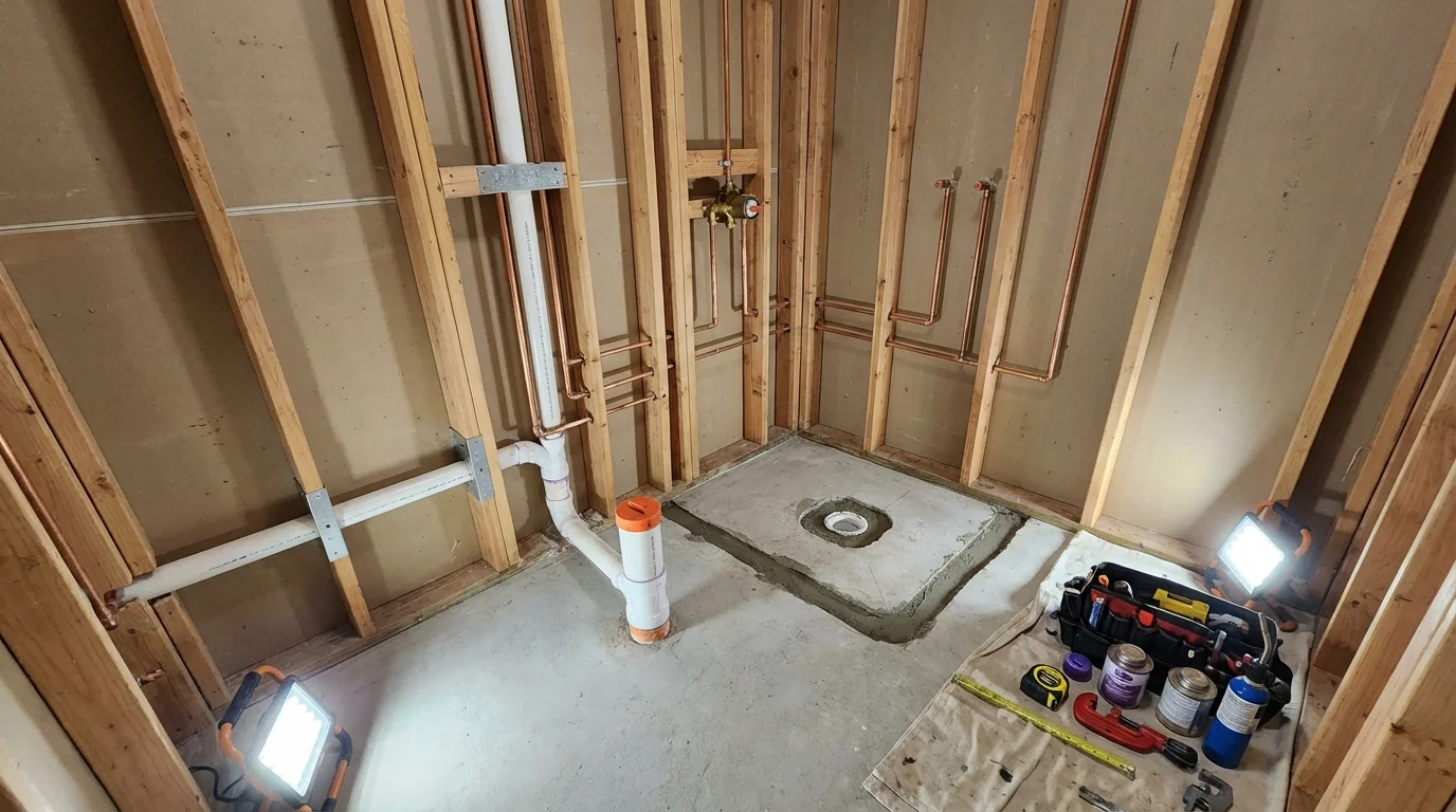 Bathroom rough-in plumbing during remodel by Johns Plumbing LLC in Purchase