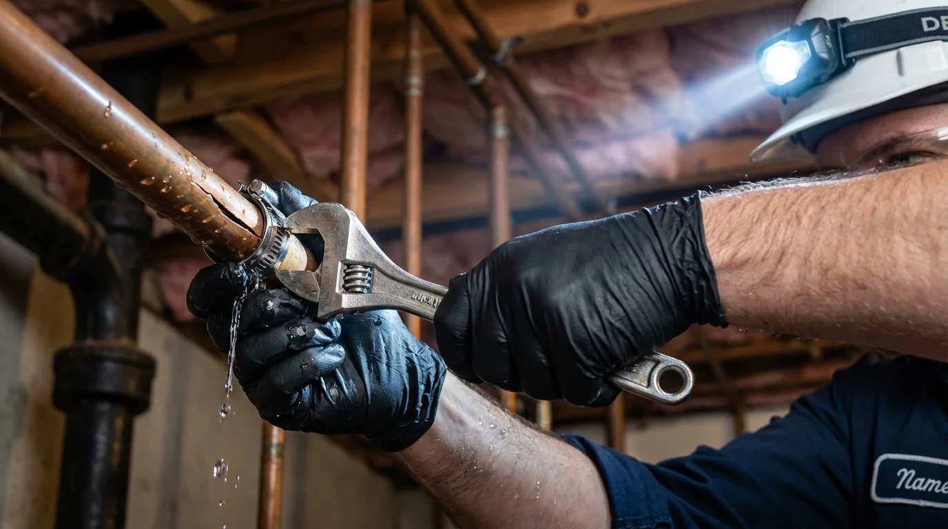 Emergency pipe clamp repair being performed by a Johns Plumbing LLC plumber in Purchase