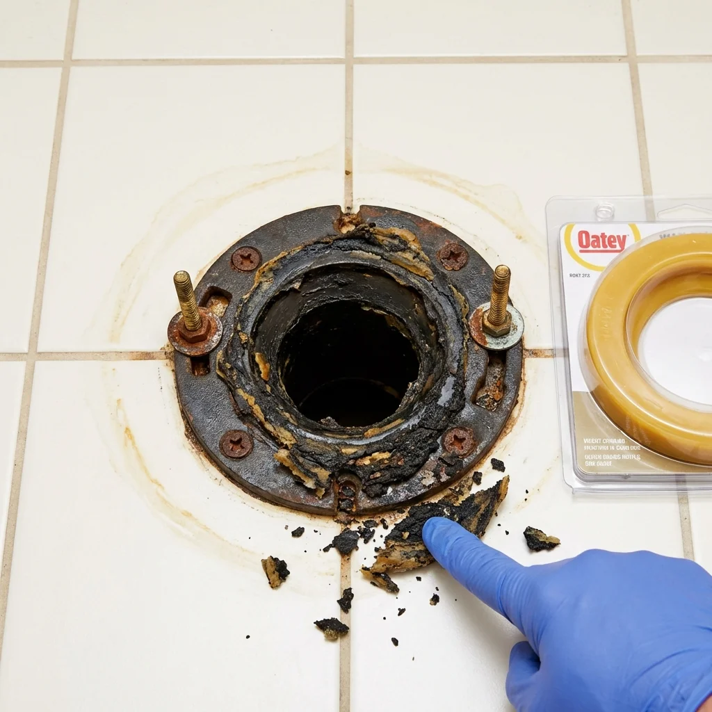 Failed wax ring showing water seepage at the base of a toilet in a Purchase, NY home