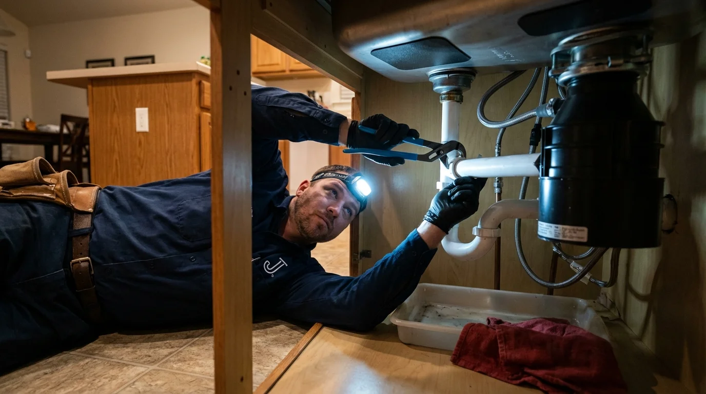 P-trap and supply line connections under a kitchen sink showing a common leak point in Purchase, NY